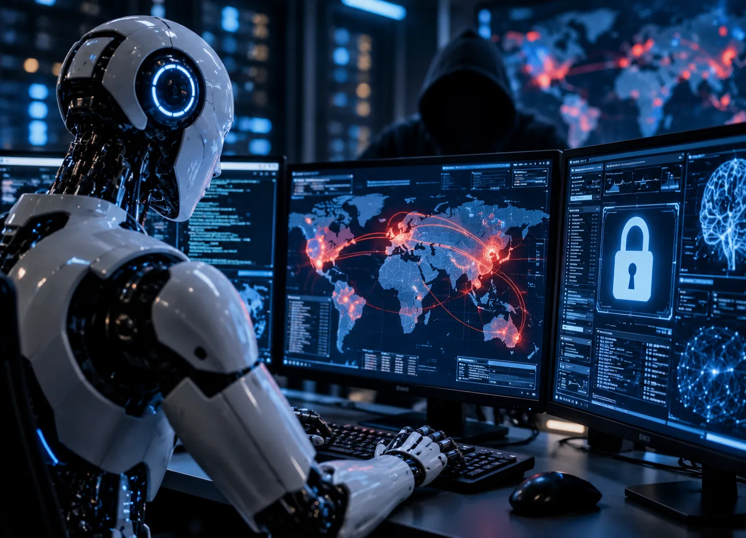 Representación de inteligencia artificial utilizada en operaciones de ciberseguridad y ataques informáticos